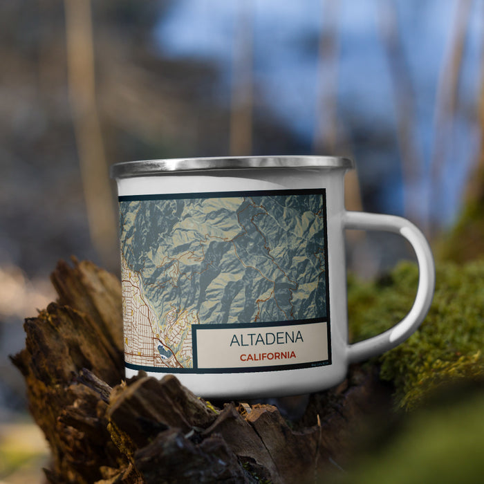 Right View Custom Altadena California Map Enamel Mug in Woodblock on Grass With Trees in Background