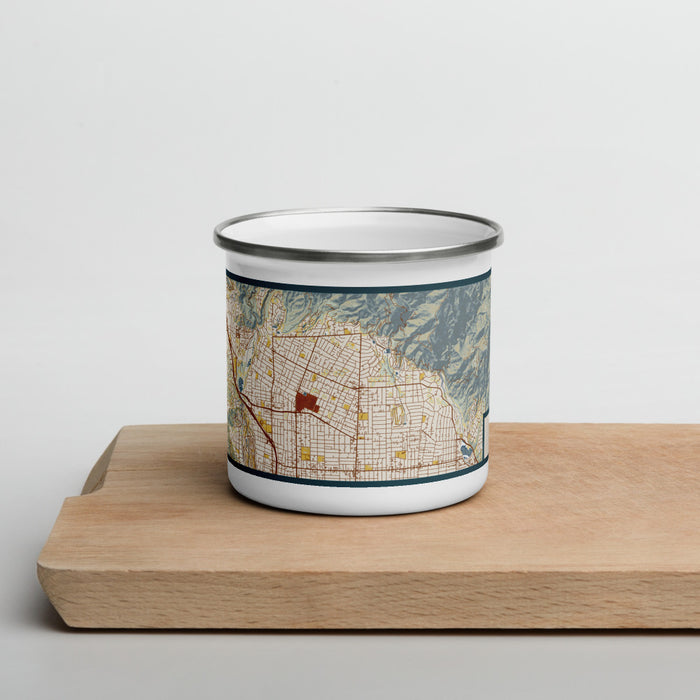 Front View Custom Altadena California Map Enamel Mug in Woodblock on Cutting Board