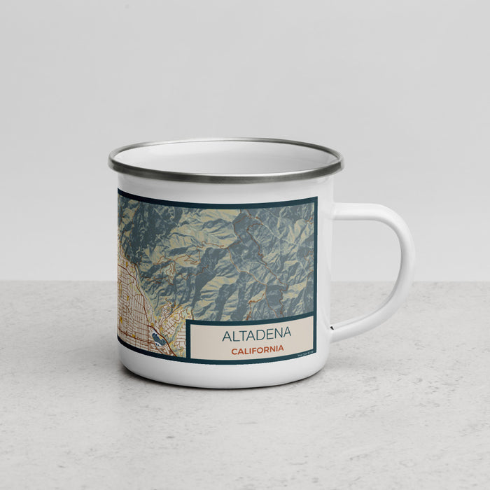 Right View Custom Altadena California Map Enamel Mug in Woodblock