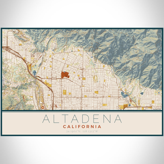 Altadena California Map Print Landscape Orientation in Woodblock Style With Shaded Background