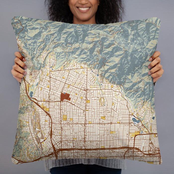 Person holding 22x22 Custom Altadena California Map Throw Pillow in Woodblock