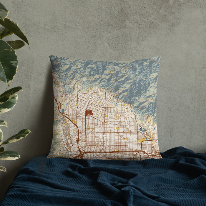Custom Altadena California Map Throw Pillow in Woodblock on Bedding Against Wall