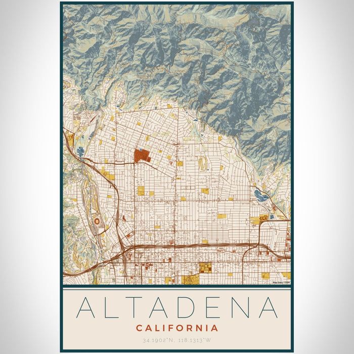 Altadena California Map Print Portrait Orientation in Woodblock Style With Shaded Background