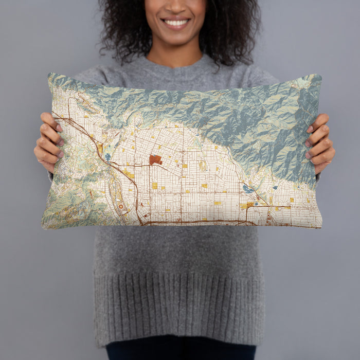 Person holding 20x12 Custom Altadena California Map Throw Pillow in Woodblock