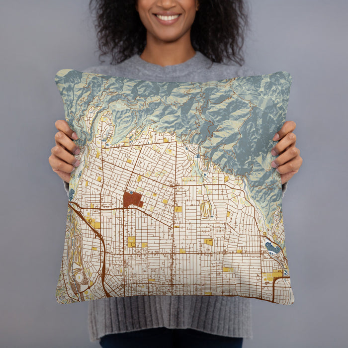 Person holding 18x18 Custom Altadena California Map Throw Pillow in Woodblock