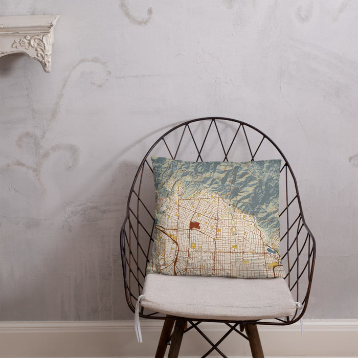 Custom Altadena California Map Throw Pillow in Woodblock on Cream Colored Couch