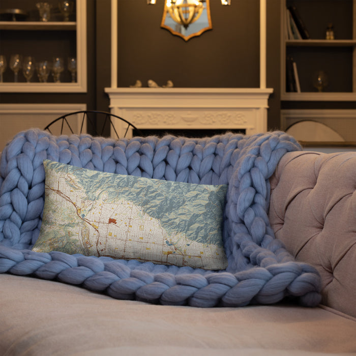 Custom Altadena California Map Throw Pillow in Woodblock on Blue Colored Chair