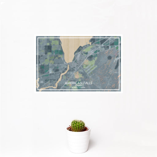 12x18 American Falls Idaho Map Print Landscape Orientation in Afternoon Style With Small Cactus Plant in White Planter