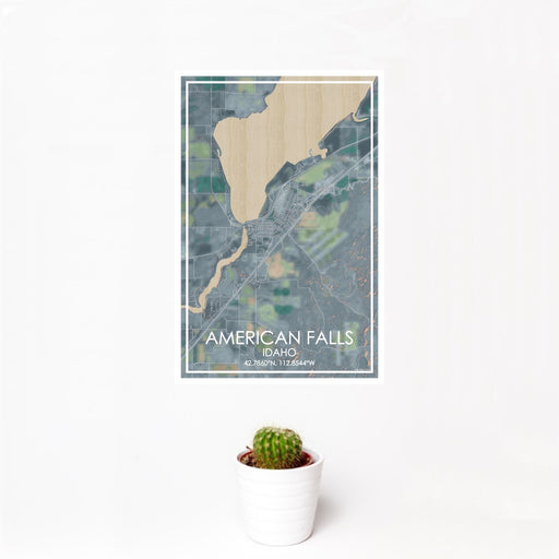 12x18 American Falls Idaho Map Print Portrait Orientation in Afternoon Style With Small Cactus Plant in White Planter