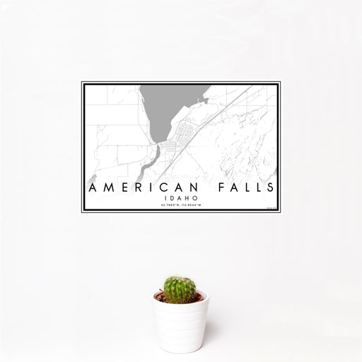 12x18 American Falls Idaho Map Print Landscape Orientation in Classic Style With Small Cactus Plant in White Planter