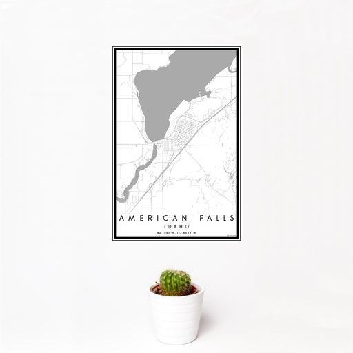 12x18 American Falls Idaho Map Print Portrait Orientation in Classic Style With Small Cactus Plant in White Planter