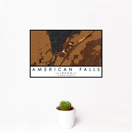 12x18 American Falls Idaho Map Print Landscape Orientation in Ember Style With Small Cactus Plant in White Planter