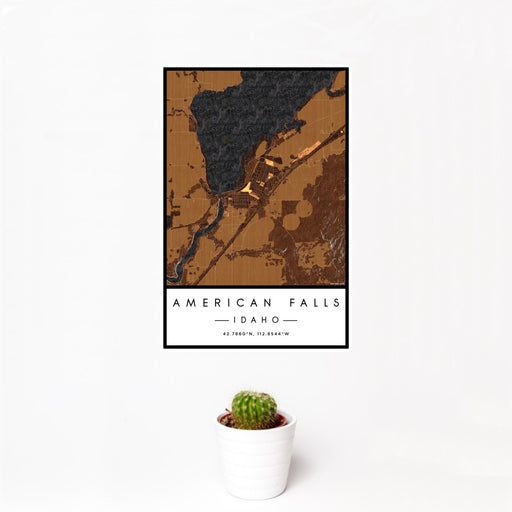 12x18 American Falls Idaho Map Print Portrait Orientation in Ember Style With Small Cactus Plant in White Planter