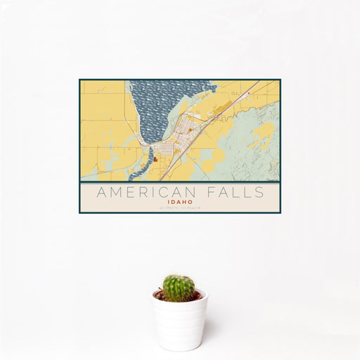 12x18 American Falls Idaho Map Print Landscape Orientation in Woodblock Style With Small Cactus Plant in White Planter