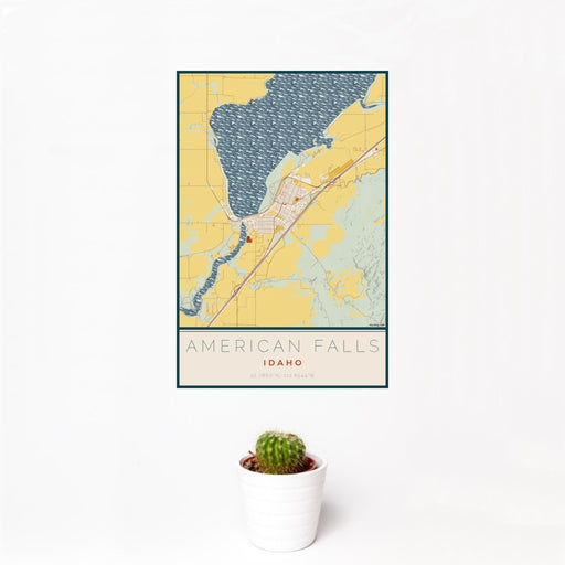 12x18 American Falls Idaho Map Print Portrait Orientation in Woodblock Style With Small Cactus Plant in White Planter