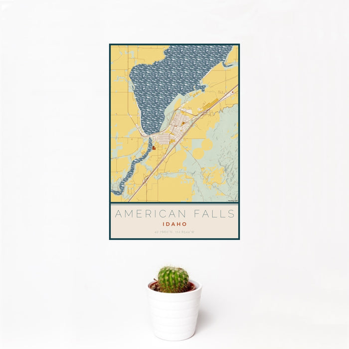 12x18 American Falls Idaho Map Print Portrait Orientation in Woodblock Style With Small Cactus Plant in White Planter