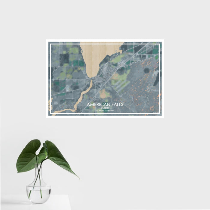 16x24 American Falls Idaho Map Print Landscape Orientation in Afternoon Style With Tropical Plant Leaves in Water