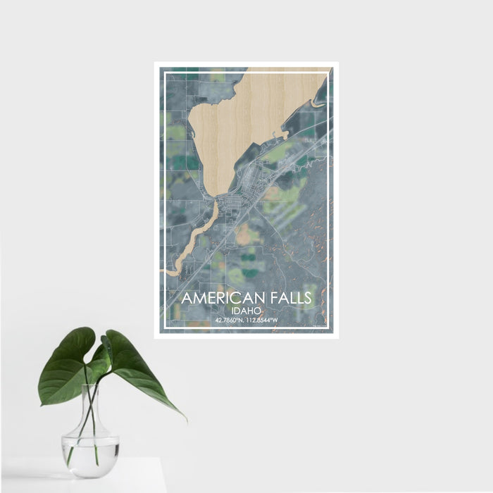 16x24 American Falls Idaho Map Print Portrait Orientation in Afternoon Style With Tropical Plant Leaves in Water