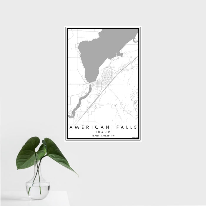16x24 American Falls Idaho Map Print Portrait Orientation in Classic Style With Tropical Plant Leaves in Water