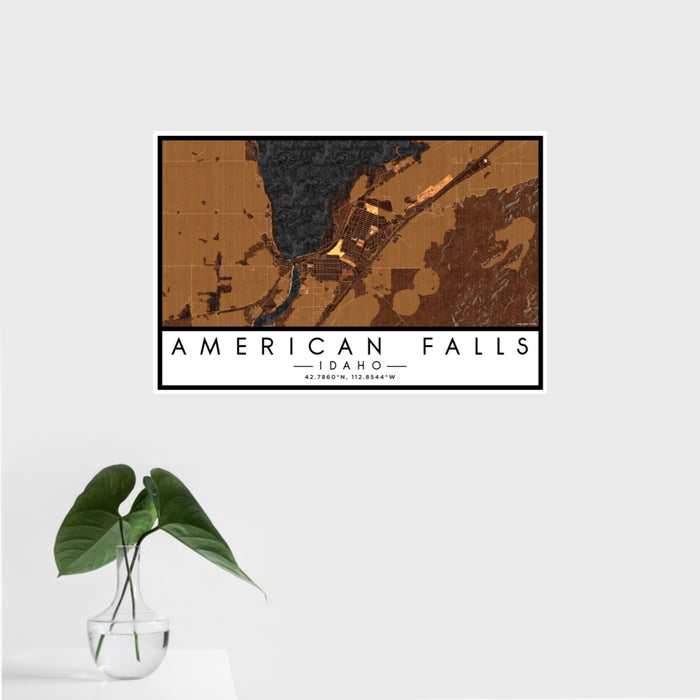 16x24 American Falls Idaho Map Print Landscape Orientation in Ember Style With Tropical Plant Leaves in Water
