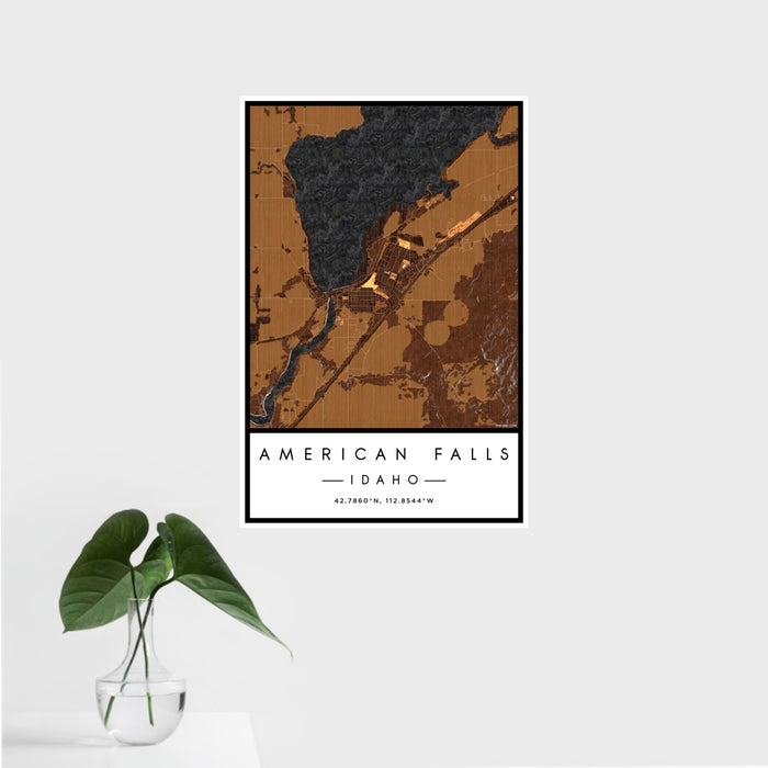 16x24 American Falls Idaho Map Print Portrait Orientation in Ember Style With Tropical Plant Leaves in Water