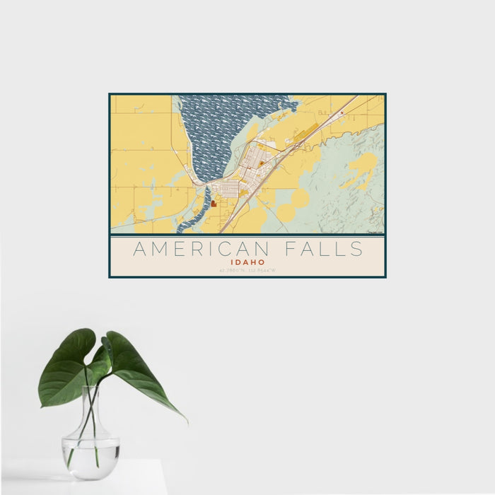 16x24 American Falls Idaho Map Print Landscape Orientation in Woodblock Style With Tropical Plant Leaves in Water