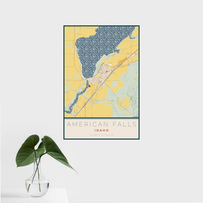 16x24 American Falls Idaho Map Print Portrait Orientation in Woodblock Style With Tropical Plant Leaves in Water