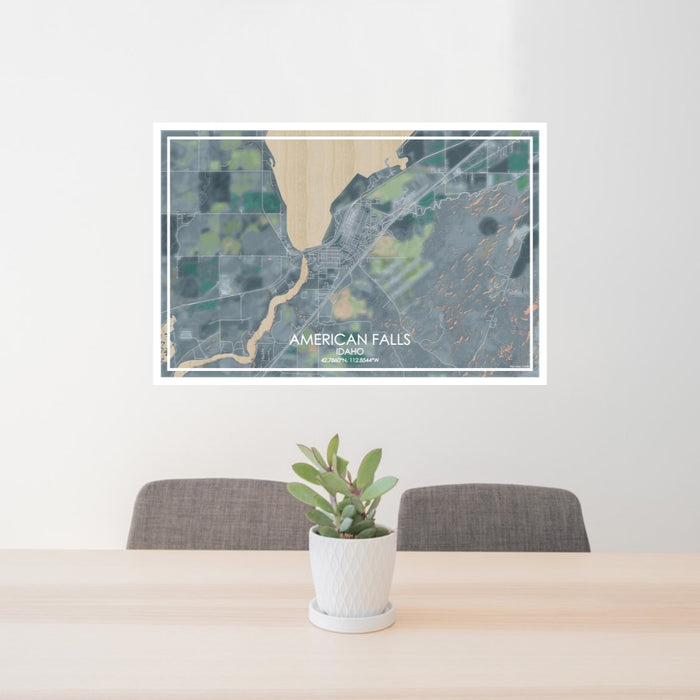 24x36 American Falls Idaho Map Print Lanscape Orientation in Afternoon Style Behind 2 Chairs Table and Potted Plant