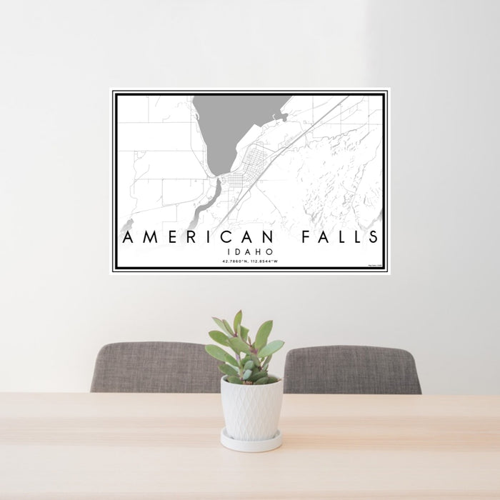 24x36 American Falls Idaho Map Print Lanscape Orientation in Classic Style Behind 2 Chairs Table and Potted Plant