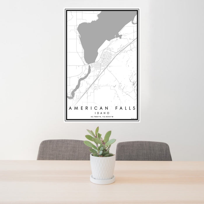 24x36 American Falls Idaho Map Print Portrait Orientation in Classic Style Behind 2 Chairs Table and Potted Plant