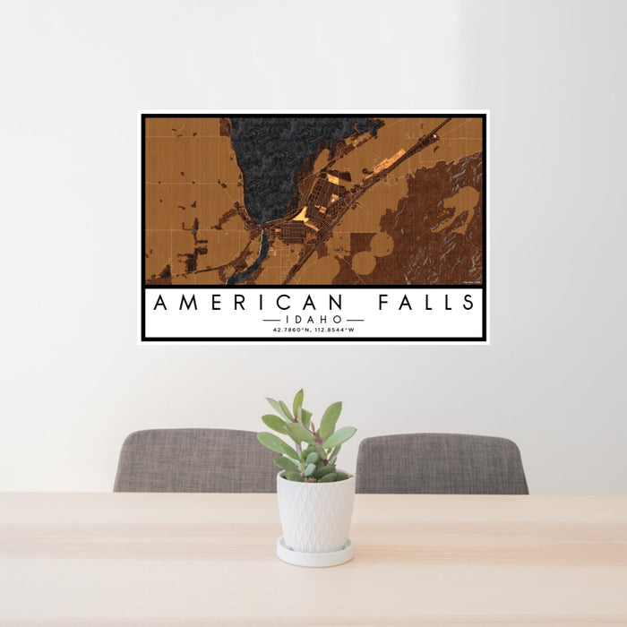 24x36 American Falls Idaho Map Print Lanscape Orientation in Ember Style Behind 2 Chairs Table and Potted Plant