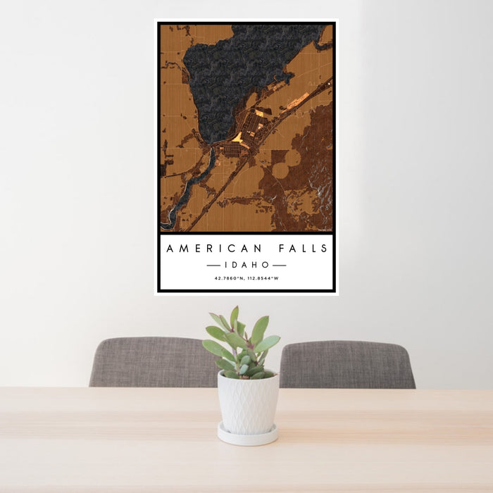 24x36 American Falls Idaho Map Print Portrait Orientation in Ember Style Behind 2 Chairs Table and Potted Plant
