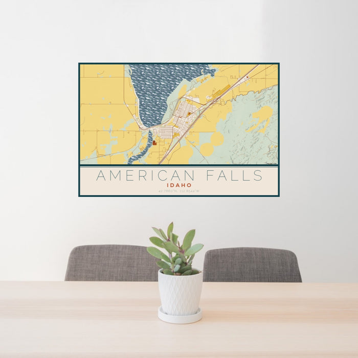 24x36 American Falls Idaho Map Print Lanscape Orientation in Woodblock Style Behind 2 Chairs Table and Potted Plant