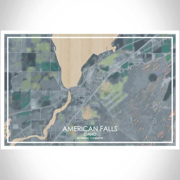 American Falls Idaho Map Print Landscape Orientation in Afternoon Style With Shaded Background