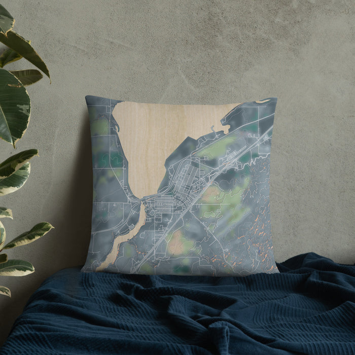 Custom American Falls Idaho Map Throw Pillow in Afternoon on Bedding Against Wall