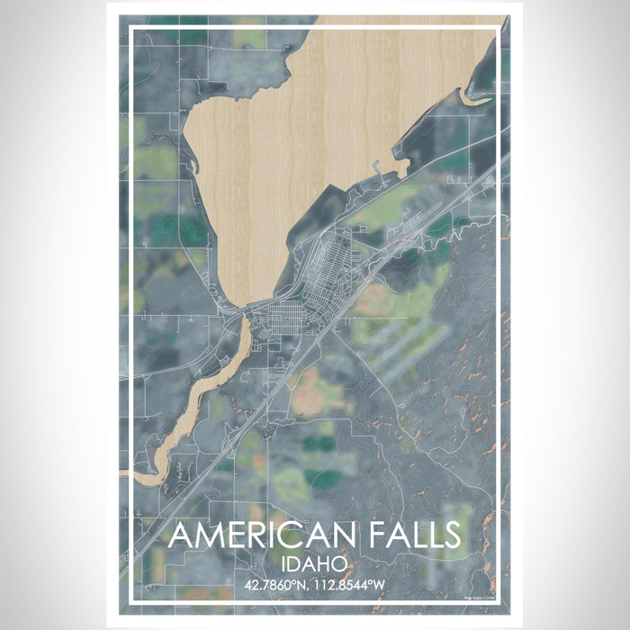 American Falls Idaho Map Print Portrait Orientation in Afternoon Style With Shaded Background