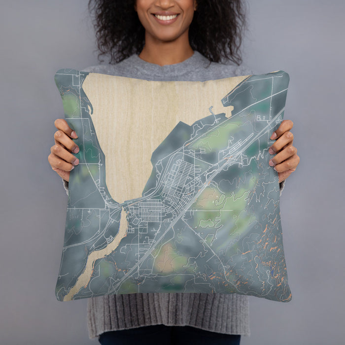 Person holding 18x18 Custom American Falls Idaho Map Throw Pillow in Afternoon