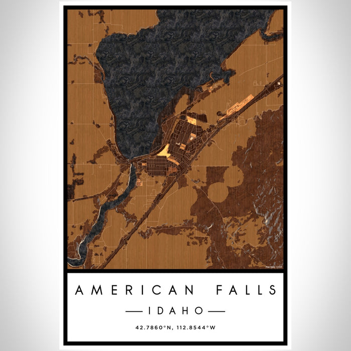 American Falls Idaho Map Print Portrait Orientation in Ember Style With Shaded Background