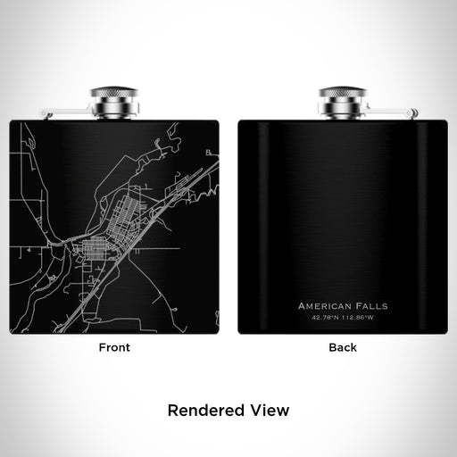 Rendered View of American Falls Idaho Map Engraving on 6oz Stainless Steel Flask in Black