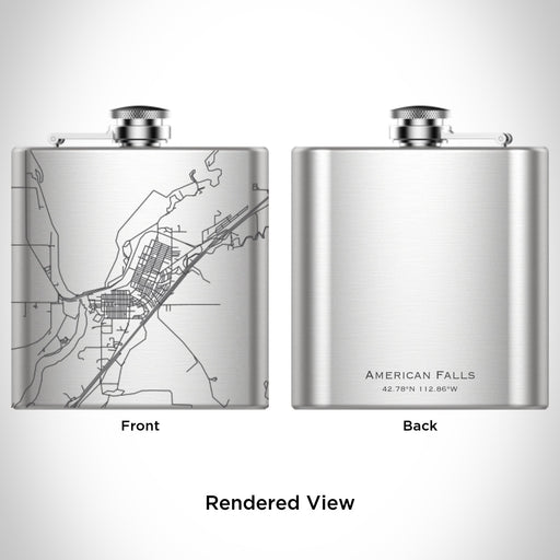 Rendered View of American Falls Idaho Map Engraving on 6oz Stainless Steel Flask