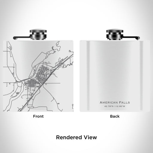 Rendered View of American Falls Idaho Map Engraving on 6oz Stainless Steel Flask in White