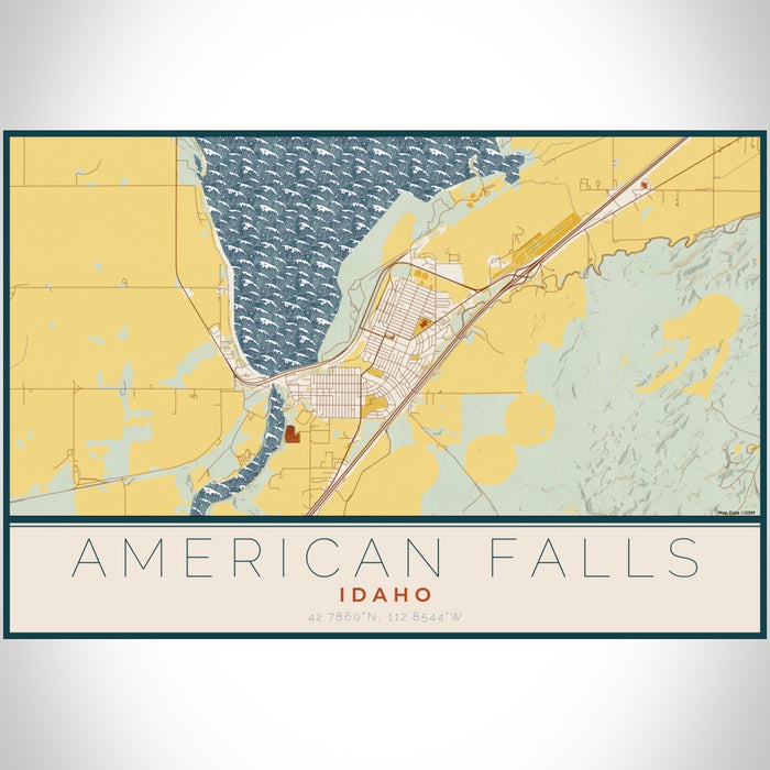 American Falls Idaho Map Print Landscape Orientation in Woodblock Style With Shaded Background
