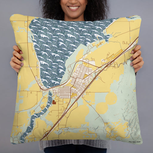 Person holding 22x22 Custom American Falls Idaho Map Throw Pillow in Woodblock