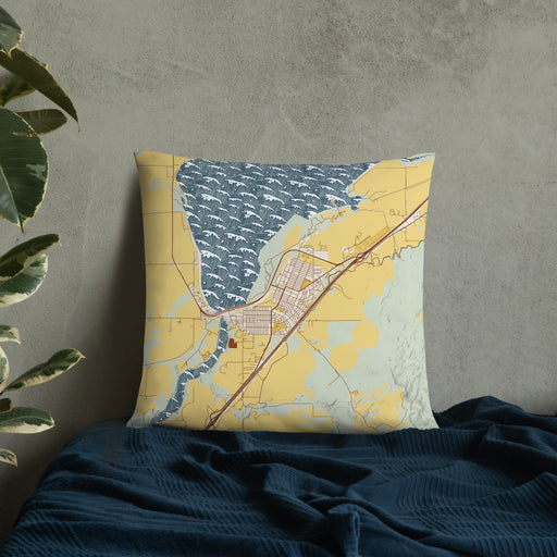 Custom American Falls Idaho Map Throw Pillow in Woodblock on Bedding Against Wall
