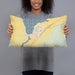 Person holding 20x12 Custom American Falls Idaho Map Throw Pillow in Woodblock