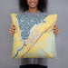 Person holding 18x18 Custom American Falls Idaho Map Throw Pillow in Woodblock