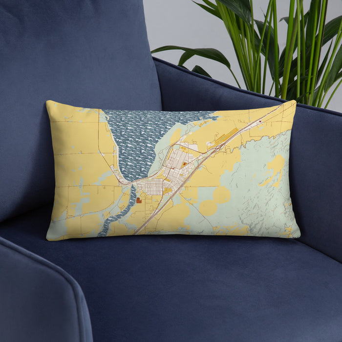 Custom American Falls Idaho Map Throw Pillow in Woodblock on Blue Colored Chair