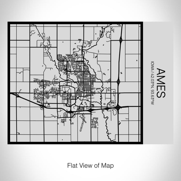 Rendered View of Ames Iowa Map on 20oz Stainless Steel Insulated Bottle with Bamboo Top with printed Tactile Lines Map in Black