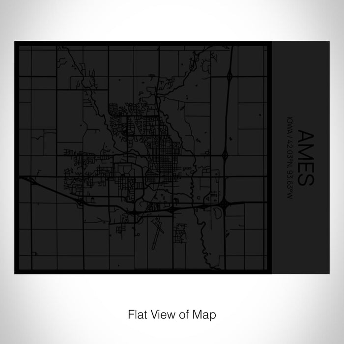 Rendered View of Ames Iowa Map on 20oz Stainless Steel Insulated Bottle with Bamboo Top in Matte Black with printed Tactile Lines Map in Black