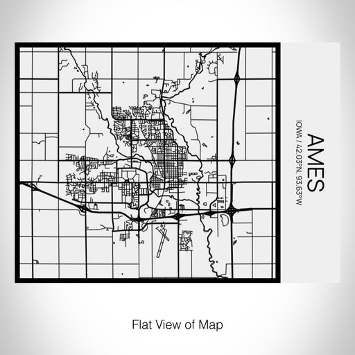 Rendered View of Ames Iowa Map on 20oz Stainless Steel Insulated Bottle with Bamboo Top in Matte White with printed Tactile Lines Map in Black